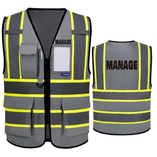 AYKRM Security Vest for Men Women 7 Pockets High Visibility Reflective Safety Vest Front Zipper Meets ANSI/ISEA - color: Grey-manage, size: 8X-Large
