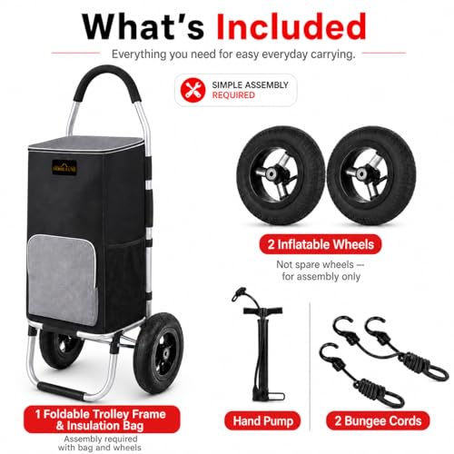 Premium Foldable Grocery Shopping Cart | Tall & Durable | Smooth-Rolling Wheels | All-Terrain (Black and Gray, 22cm Inflatble Rubber Wheels, Inflating Rubber Wheels with Insulation Bags) - color: Black and Gray, size: 22cm Inflatble Rubber Wheels