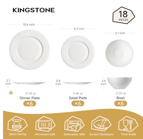 KINGSTONE 18Pcs Vintage Relief White Bone China Set, Service for 6 - color: White-Retro Embossed, size: service for 6-18pcs