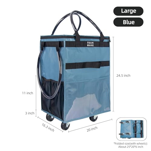 Reusable Grocery Bag with Wheels, Large Blue Rolling Tote - color: Blue, size: Large