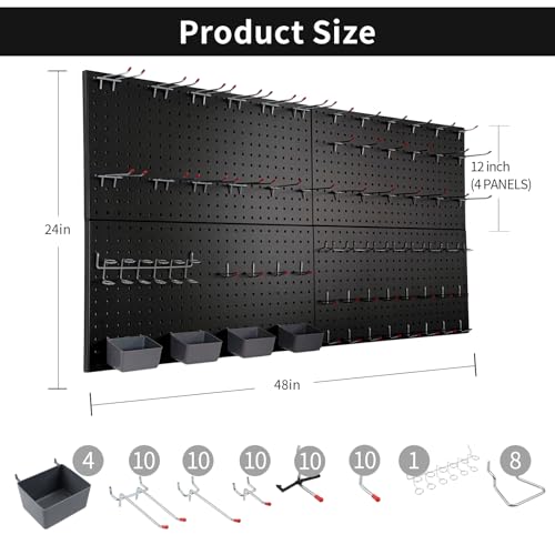 FRAYSCENT Peg Board for Wall 48x24 inch with 63 Pcs Hooks Accessories, Garage Storage Pegboard Wall Organizer, Metal Pegboard Panels with Hooks, Modular Mounted Control Peg Board Tool Organization - color: Black(63-accessory)