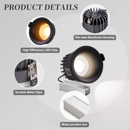 3 Inch LED Recessed Lights, Waterproof, Dimmable, 3CCT, CRI98 Ceiling Light - color: Black-Gray, size: 3 Inch-6 Pack