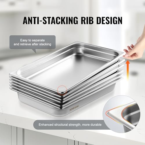 VEVOR 6 Pack Stainless Steel Hotel Pans,2.5-Inch Deep 0.8mm Thick Commercial Food Pans, Anti-Jam Catering Food Storage Metal Pan for Steam Tables, Food Warmer,20.8 x 13 x 2.5inch - size: 1/1 Size, style: 2.5 inch Deep 6 Pack