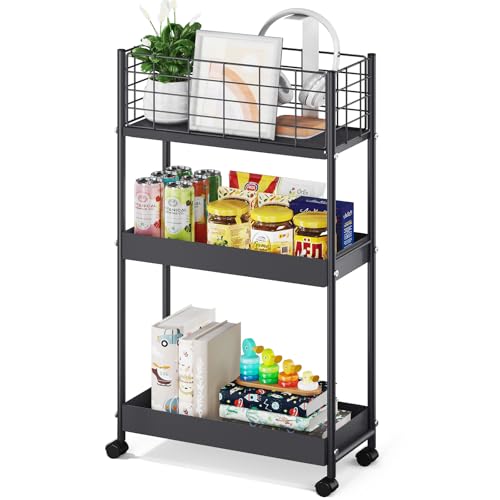 Slim Rolling Storage Cart, 3 Tier Heavy Duty Metal Utility Cart, Black - color: Black, size: 3-Tier