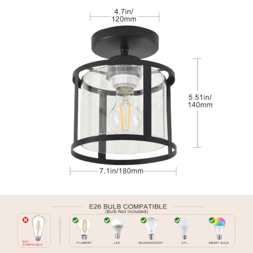 Semi Flush Mount Ceiling Light, Modern Kitchen Lighting Fixtures Ceiling, Rustic Ceiling Light Fixtures, Ceiling Lights with Glass Shade for Hallway Foyer Entryway Bedroom - color: 1 Pack Iron+Clear Glass, size: 1 Pack