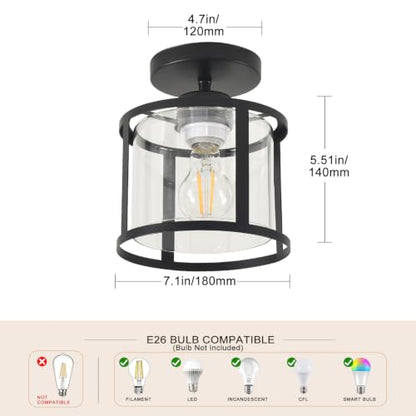 Semi Flush Mount Ceiling Light, Modern Kitchen Lighting Fixtures Ceiling, Rustic Ceiling Light Fixtures, Ceiling Lights with Glass Shade for Hallway Foyer Entryway Bedroom - color: 1 Pack Iron+Clear Glass, size: 1 Pack