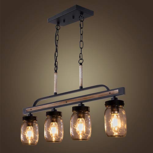 Wellmet Farmhouse Dining Room Chandelier, Black Mason Jar Chandelier Lighting Fixture for Kitchen Island, Dining Table, Rustic Linear Cluster Hanging Pendant Light, Faux Wood with Glass Shade