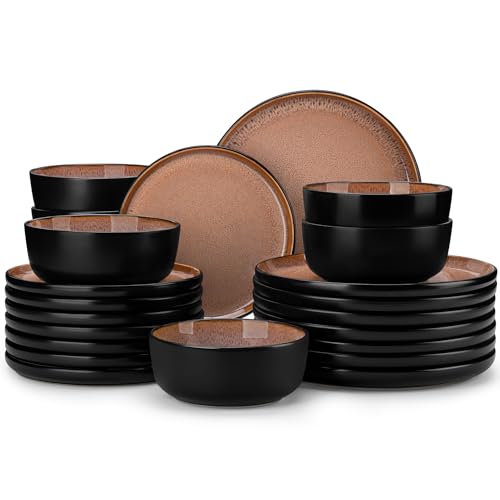 vancasso Plates and Bowls Sets, 24 Pieces Stoneware Dinnerware Sets for 8, Kitchen Dish Set Mircowave and Dishwasher Safe Ceramic Dishware, Dark Brown, Series AMBER - color: Brown