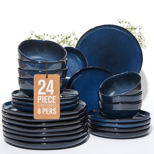 Pokini Stoneware Dinnerware Sets for 8, 24Pcs Ceramic Plates and Bowls Sets - color: Starry Blue, size: Set (24pcs)