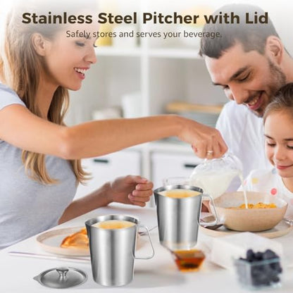 Stainless Steel Pitcher with Lid, 32 oz Measuring Cups with Dual-Scale Markings, Milk Frothing Jugs, Large Beakers for Espresso Machine, Hot/Cold Water, Latte Art, Iced Tea