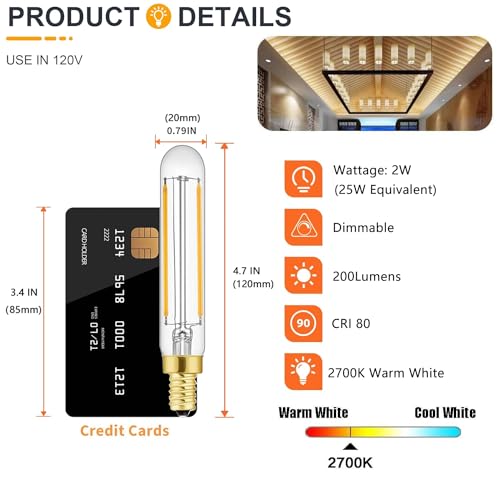 T20 Dimmable LED Tubular Bulbs, 2W (25W Eq), E12, 2700K, 4-Pack