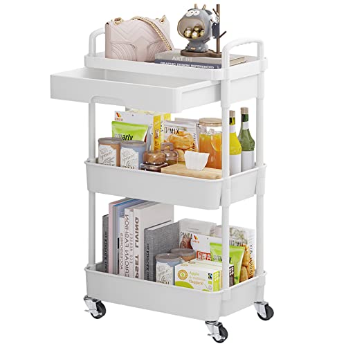 Calmootey 3-Tier Utility Cart with Drawer & Wheels, Storage for Home,Office - color: White, size: 3-Tier