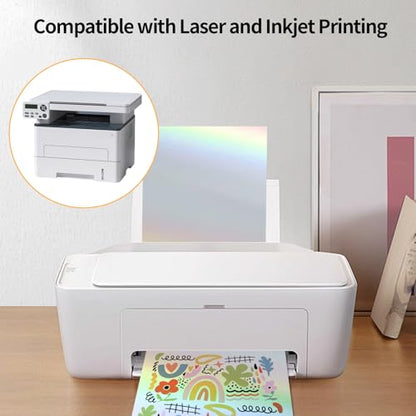 Printable Sticker Paper, 20 Sheets Printable Holographic Sticker Paper, Laser/Inkjet Printing- Holographic, Letter Size (8.5" x 11") - color: Holographic Sliver, size: 8.5" x 11"