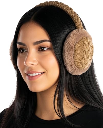 Funky Junque Women’s Winter Earmuffs - Cable Knit & Sequin - color: Cable Knit - Taupe
