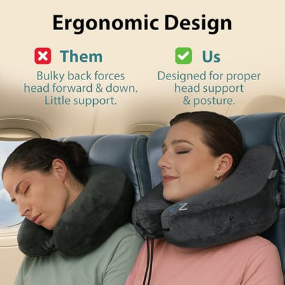 FLOWZOOM Air Inflatable Neck Pillow for Traveling on Plane - H-Shape Hooded Airplane Pillow with 5 Snooze Modes, Fast Inflation, Pressure Control, Cozy Clip-On Hood & Plushy Cover - Size L, Jet Black - color: Jet Black