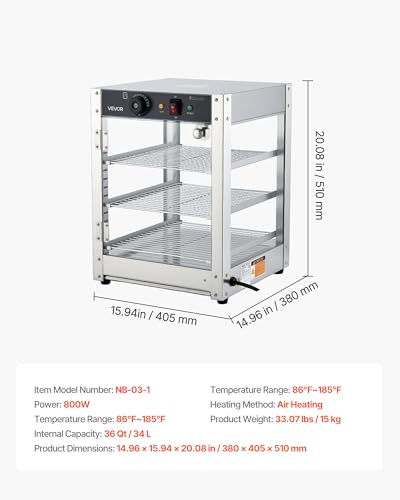 VEVOR 3-Tier Commercial Food Warmer Display, 800W Food Display Warmer with LED Light, Adjustable Shelf and Stainless Steel Frame, 86℉~185℉ Air Heating, 34L for Hamburger, Pizza, Bread, Fried Chicken - size: 3-Tier-36Qt