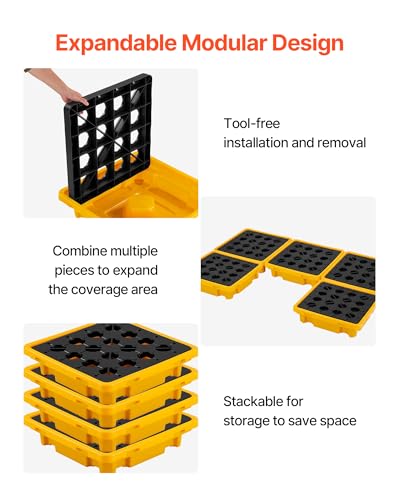 VEVOR Spill Containment Pallet, 1 Drum Low Profile Spill Containment Modular Platform, 11.4 Gallon Sump, 1543 lbs Load Capacity, Heavy-Duty Polyethylene Tray with Drain, 26.4" x 26.6" x 5.9", Yellow