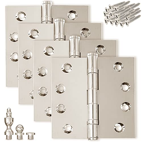Solid Brass Door Hinge Heavy Duty Ball Bearing Shiny Silver 4x4 Inch with Decorative Screw-on Tips Included - Set of 4 Hinges (Polished Nickel) - color: Polished Nickel