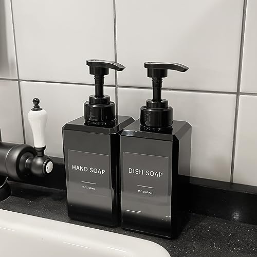 Black Soap Dispenser with Waterproof Labels, Thickened Plastic Hand Soap Dispenser for Bathroom, Kitchen Dish Washing Liquid Bottles, Shampoo and Conditioner Bottles with Funnel (15oz 2Pack Black) - color: 15oz 2 Pack Black