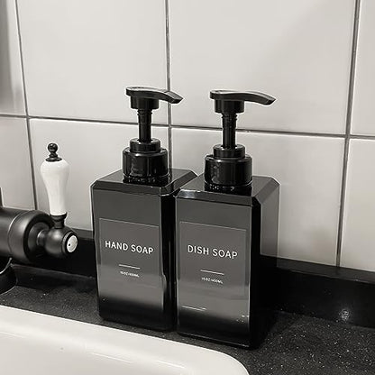 Black Soap Dispenser with Waterproof Labels, Thickened Plastic Hand Soap Dispenser for Bathroom, Kitchen Dish Washing Liquid Bottles, Shampoo and Conditioner Bottles with Funnel (15oz 2Pack Black) - color: 15oz 2 Pack Black