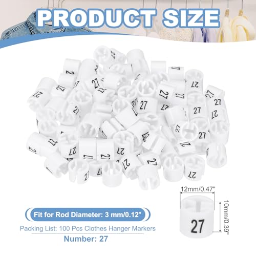 PATIKIL 100 Pcs Clothes Hanger Markers, Number 27 Tag Fit 3mm Rod Garment Size Hanger Clips Color Coding Label for Clothing Hangers, White - size: Number 27