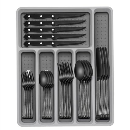 49-Piece Black Silverware Set with Organizer, Food-Grade Stainless Steel Black Flatware for 8, Cutlery Utensil Sets with Steak Knives, Rust-proof, Mirror Polished, Dishwasher Safe, Roman Column - style: Roman Column