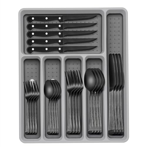 49-Piece Black Silverware Set with Organizer, Food-Grade Stainless Steel Black Flatware for 8, Cutlery Utensil Sets with Steak Knives, Rust-proof, Mirror Polished, Dishwasher Safe, Roman Column - style: Roman Column