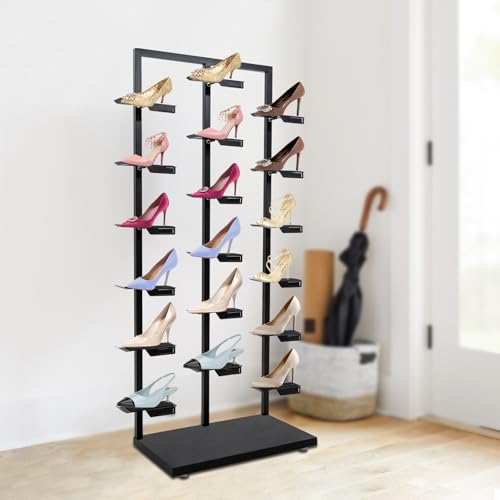 Commercial Clothing Store Shoe Rack Retail Store Shoe Display Shelf Free Standing Shoes Shelf Single Sided Shoes Racks 18 Compartments 24.25lbs Load Capacity (31.5 * 59.06in, Black) - color: Black