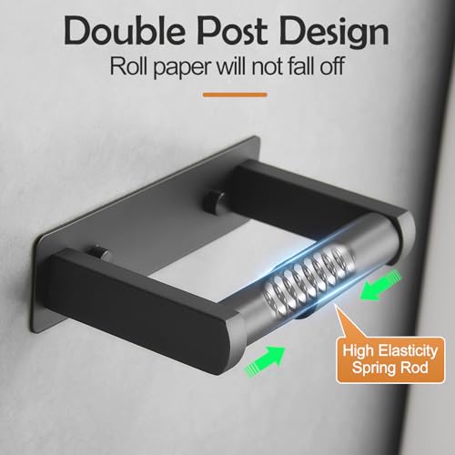 Pokim Matte Black Toilet Paper Holder,Self Adhesive or Screw Wall Mount 304 Stainless Steel Double Post Tissue Holder for Bathroom,Rustproof Heavy Duty Design - color: Matte Black