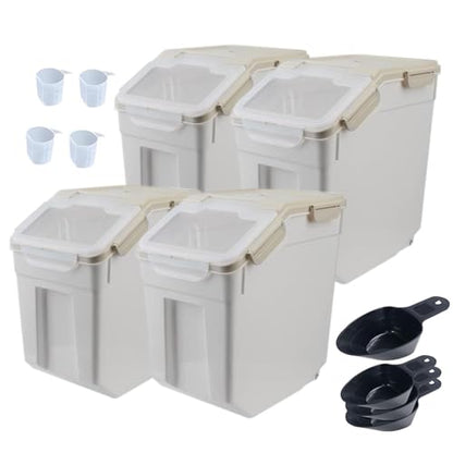 Large Flour Storage Container 25lb, 4 Pack Airtight Rice Storage Containers with Wheels Seal Locking Lid, Measuring Cup, Scoop, BPA Free Dry Food Bin for Sugar, Beans, Grain - Grey - color: 4Pcs 25LB Grey