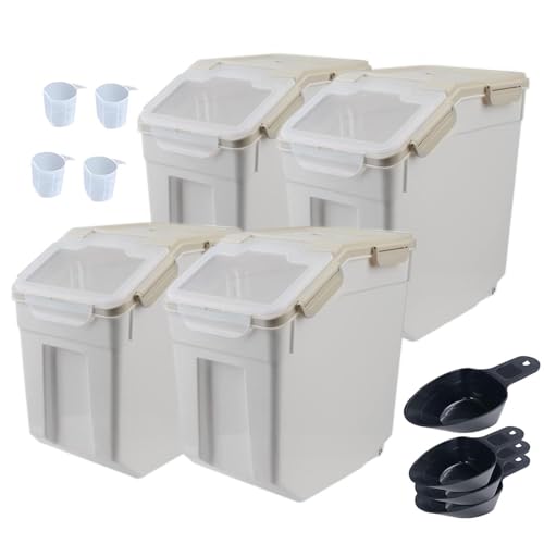 Large Flour Storage Container 25lb, 4 Pack Airtight Rice Storage Containers with Wheels Seal Locking Lid, Measuring Cup, Scoop, BPA Free Dry Food Bin for Sugar, Beans, Grain - Grey - color: 4Pcs 25LB Grey