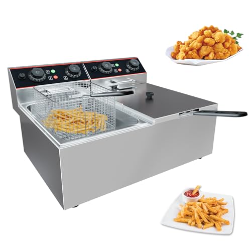 Commercial Deep Fryer with Basket, 12L Electricity Countertop Fryer Stainless Steel, 1800W Professional Food Fryer with Thermostat for Restaurant & Home, Large Capacity 12.7QT Oil Fryer, 120V - size: 11L double cylinder double screen