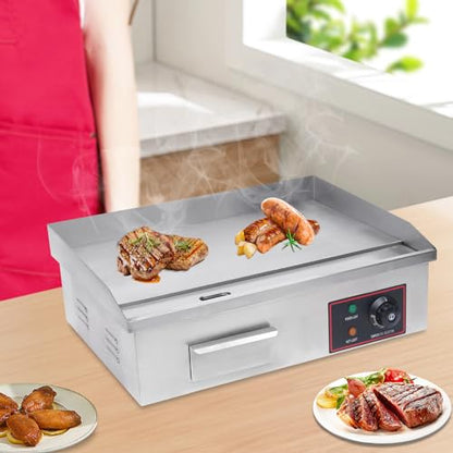Commercial Electric Griddle, 21"x12" Teppanyaki Grill 1600W Electric Flat Top Heavy Duty Grill, 122-572°F Stainless Steel Countertop Griddle w/Drip Hole & Non-Stick Cooking Plate for Restaurant use