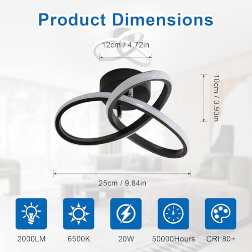 DELIPOP Ceiling Light Fixture, 22W 6500K Semi Flush Mount Hallway Light Fixtures Ceiling Lamps, Acrylic Modern LED Ceiling Light for Corridor Bedroom Kitchen Bathroom Balcony Living Room - color: Black-6500K