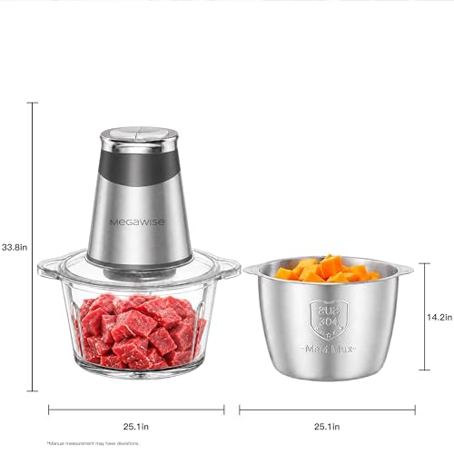 MEGAWISE Electric Food Processor, 800W Meat Grinder & Vegetable Chopper - 2 Bowls (3L Stainless Steel + 3L Glass) with 4 Blades, Dual-Speed Food Chopper for Meat, Fruits, Vegetables, and Nuts