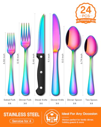 EUIRIO 24 Piece Rainbow Silverware Set with Steak Knives Stainless Steel Flatware Set for 4 Cutlery Utensil Set Mirror Polished Dishwasher Safe for Home Restaurant - color: Rainbow