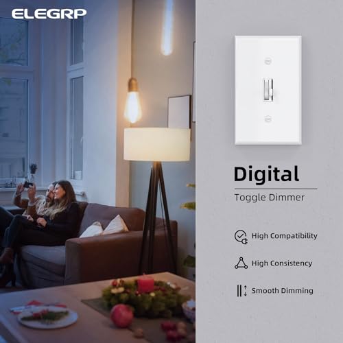 ELEGRP Digital Toggle Dimmer Switch for Dimmable LED, CFL and Incandescent Light Bulbs, Single Pole or 3-Way Toggle LED Dimmer Light Switch, Wall Plate Included, UL Listed, 2 Pack, White - color: White, size: With Screws