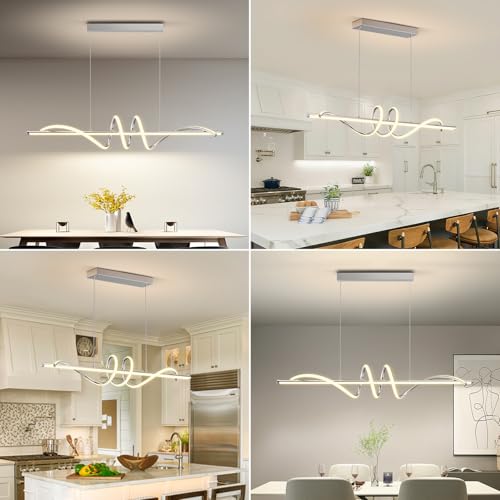 Modern Pendant Light Kitchen Island 47in Dimmable Hanging Lamp 3000k-6000K Adjustable Warm/Nautral/White with Remote Control, Kitchen Island Lighting Chrome Silver - color: A-Silver, size: 47inch