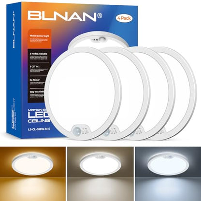BLNAN Motion Sensor Ceiling Light Wired, 8.7 Inch 3000K 4000K 5000K Selectable LED Flush Mount Light Fixture, Motion Activated Light with Timer for Hallway Stair Walk-in Closet, Non-Dimmable 4 Pack - size: 8.7inch-4packs White