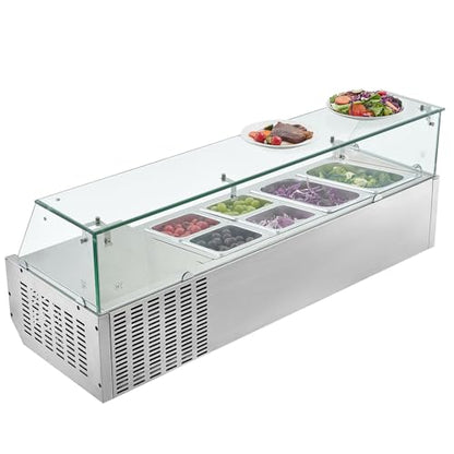 VEVOR Refrigerated Condiment Prep Station, 130W Countertop, Two 1/3 and Four 1/6 Pans, 304 Stainless Body, PC Lid, Sandwich Prep Table with Glass Guard, 3.79 Cu. Ft.