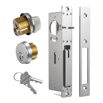 Commercial Mortise Lock 1-1/8" Backset, Brass Cylinder, Storefront (Silver)