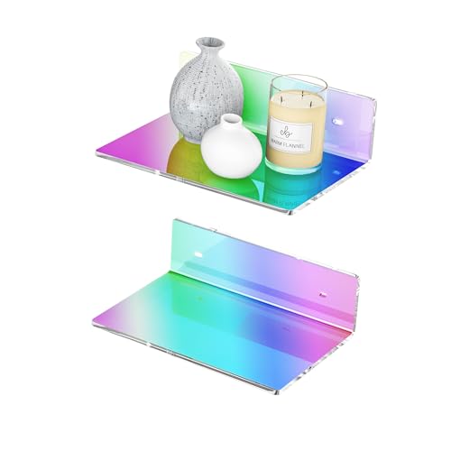Sezanrpt 9 Inches Iridescent Floating Shelves Acrylic, White Wall Shelves for Living Room Décor, Bedroom, Bathroom, Kitchen, Dining Room, Brand Store, Retails, Gaming Room, 2 Pack - color: Iridescent, size: 9 Inch