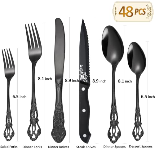48 Pieces Black Gorgeous Retro Royal Silverware Set with Steak Knives For 8,Stainless Steel Fine Vintage Service Flatware Set Anti-rust Dark Unique Utensil Fork Spoon Knife, Dishwasher Safe - color: HT-48Piece-Black-Steak Knife