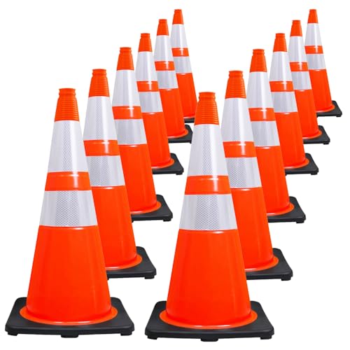 Brimar 28 Inch Traffic Cones, 12 Pack, Orange PVC Safety Cones with Black Base for Construction, Road Parking, MUTCD Approved Traffic Cones with 3M Reflective Bands, Structurally Stable Wearproof - size: 12 Pack