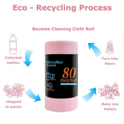 Jessy Home 80 Pack Reusable Paper Towels Pink Microfiber Cleaning Cloth Roll 12"x12" Microfiber Towels, Tear Away Cloth for Cars,Wash Cloths,Lint Free Rags for House,Kitchen,Window,Cleaning Supplies - color: Airy Pink