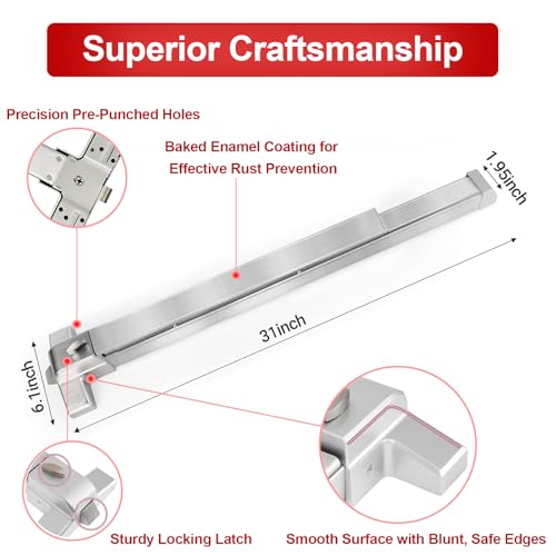 Push Bar Panic Exit Device with Handle, 31 Inch Aluminum Emergency Exit Door Hardware with 6 Keys, Commercial Emergency Door Lock Fits 31"-47" Wood & Metal Doors, Left/Right Compatible - size: 31inch