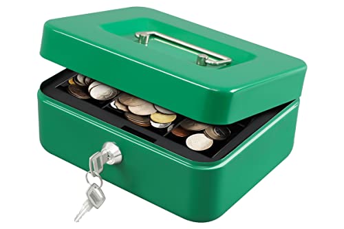 KYODOLED Medium Cash Box with Money Tray,Small Safe Lock Box with Key,Cash Drawer,7.87"x 6.30"x 3.54" Green Medium - color: Green-1PACK, size: Medium