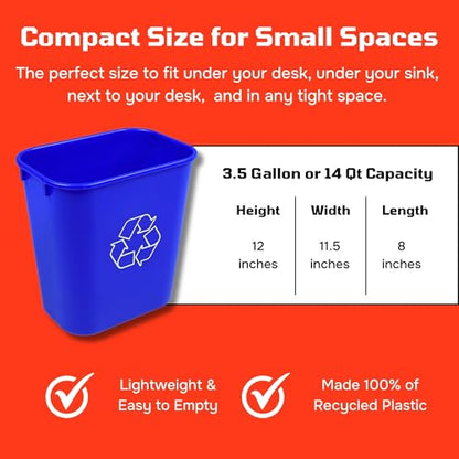 Rectangular Commercial 3.5 Gallon Office Blue Recycling Bin Wastebasket Small Compact Trash Can Deskside Bin, Undersink Bin (4, 3.5 Gallon) - size: 3.5 Gallon
