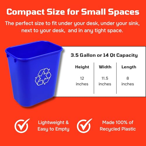Rectangular Commercial 3.5 Gallon Office Blue Recycling Bin Wastebasket Small Compact Trash Can Deskside Bin, Undersink Bin (4, 3.5 Gallon) - size: 3.5 Gallon