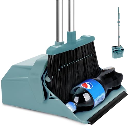 Tiumso Upgrade Broom and Dustpan Set, Broom with Dustpan Combo Sets, Large Brooms and Dust Pan with Handle, Self-Cleaning Dust Pans, Heavy Duty Broom and Dustpans Set for Lobby Kitchen Office - Green - color: Green